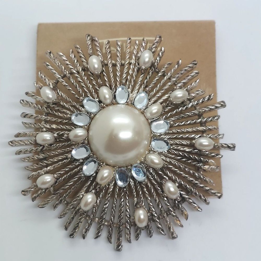 Vintage Talbots Sunburst Brooch Antique Silver Tone Pearl